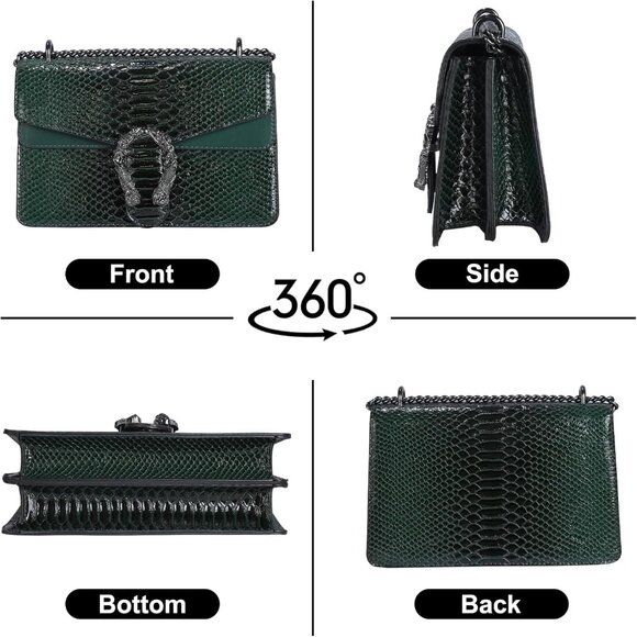 ⚡ Women's Dark Green Snake Vegan Leather Print Casual Satchel Crossbody Handbag - Picture 4 of 7